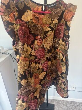 En Saison Floral Mini Dress in Black with Pink, Gold & Green Tapestry Print